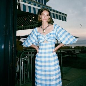 RHODE NWT Noa Linen Blouson Sleeve Column Gingham Blue Midi Dress Keyhole 4